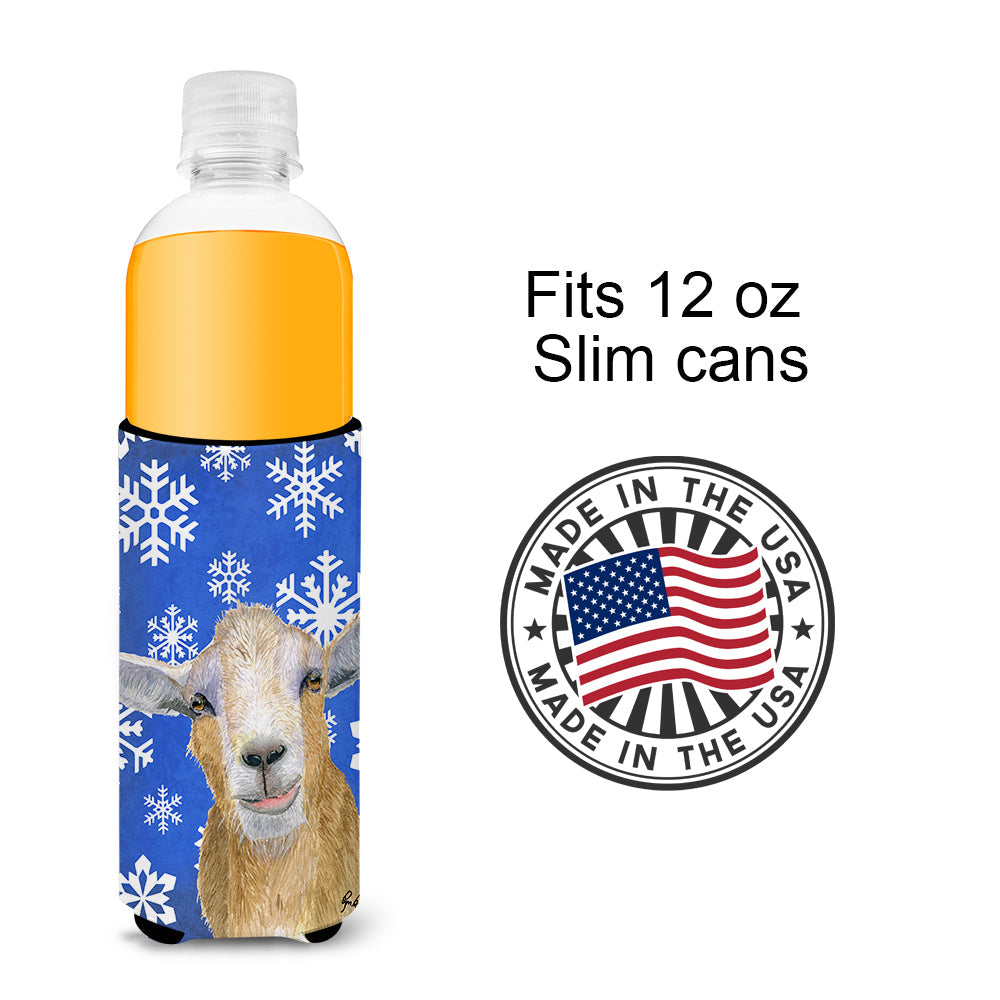 Goat Winter Snowflakes Holiday Slim Can Hugger , Insulated Foam Hugger for 12 oz Slim Cans, Beer Bottles & Water Bottles, Printed in USA