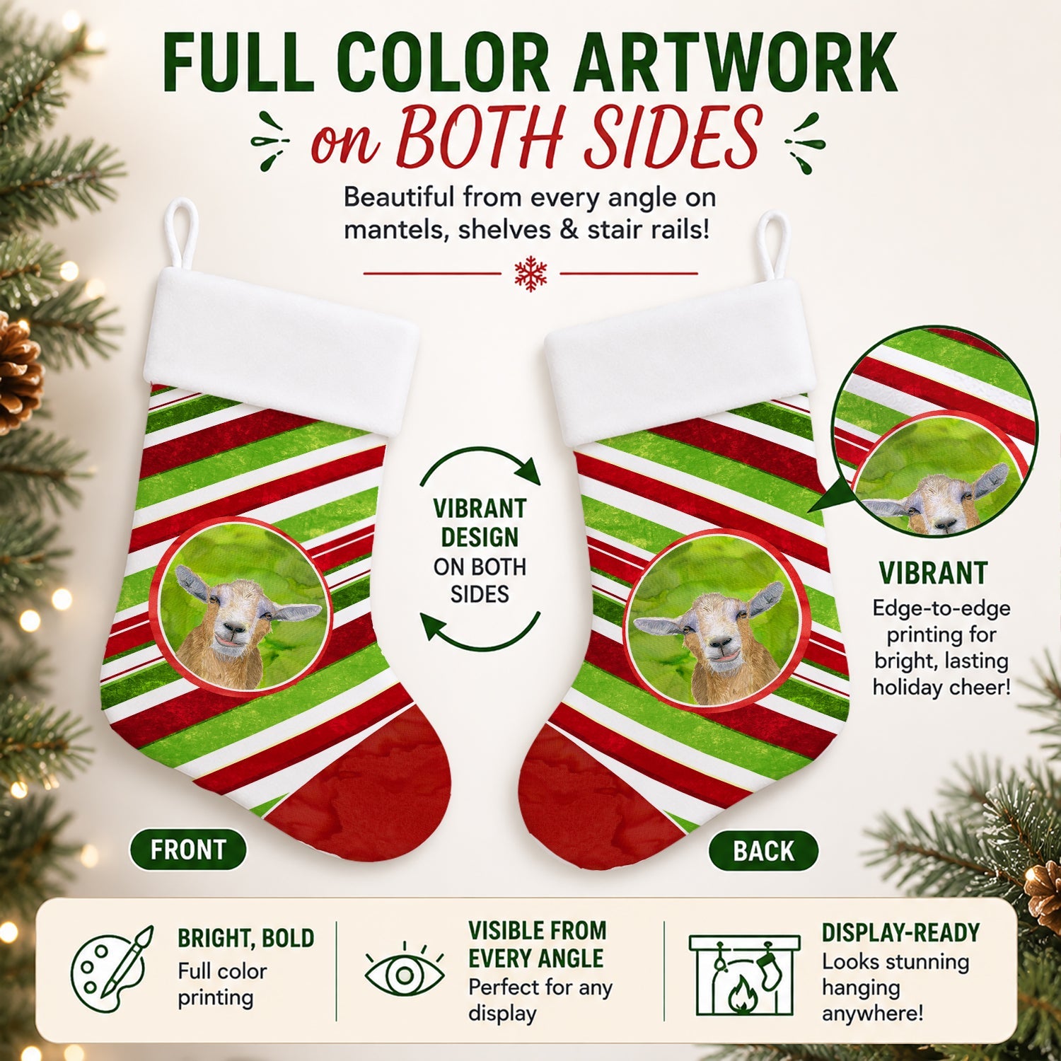Goat Candy Cane Holiday Christmas Holiday Stocking Double-Sided Print, Polyester Suede,11x18, Made in USA