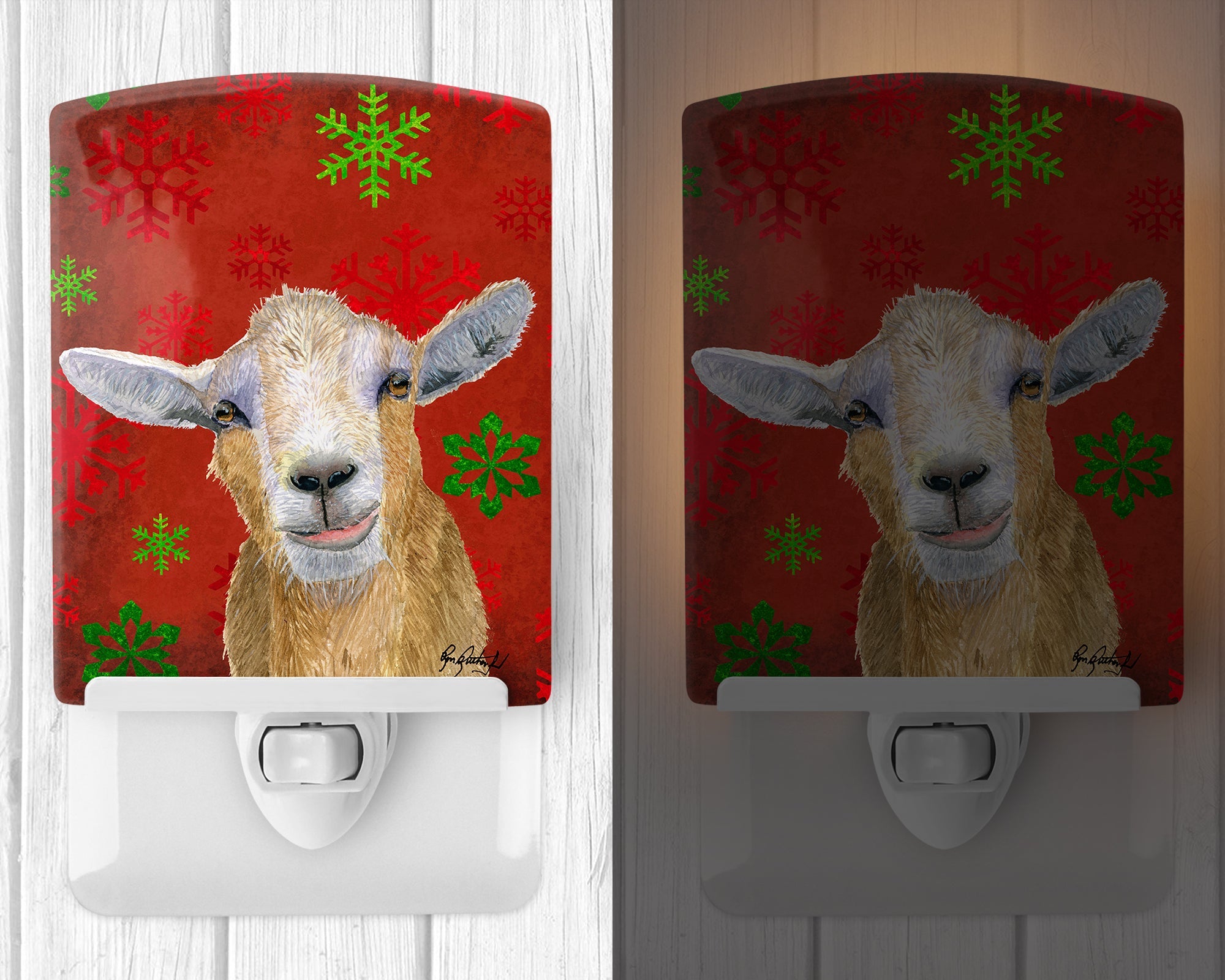 Goat Candy Cane Holiday Christmas Ceramic Night Light Compact, UL-Certified, Ideal for Bedroom, Bathroom, Nursery, Hallway, Kitchen, 6x4x3, Multicolor