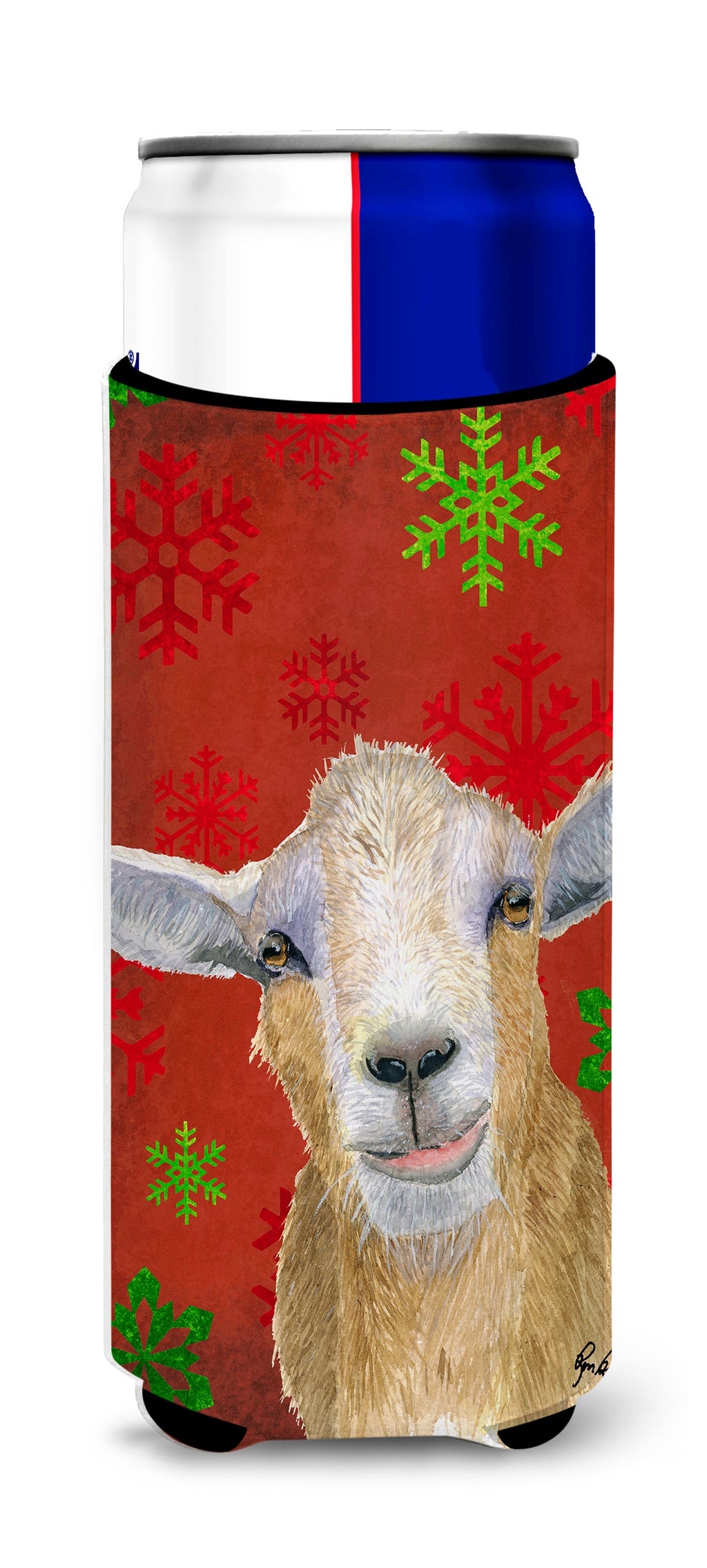 Goat Candy Cane Holiday Christmas Slim Can Hugger , Insulated Foam Hugger for 12 oz Slim Cans, Beer Bottles & Water Bottles, Printed in USA