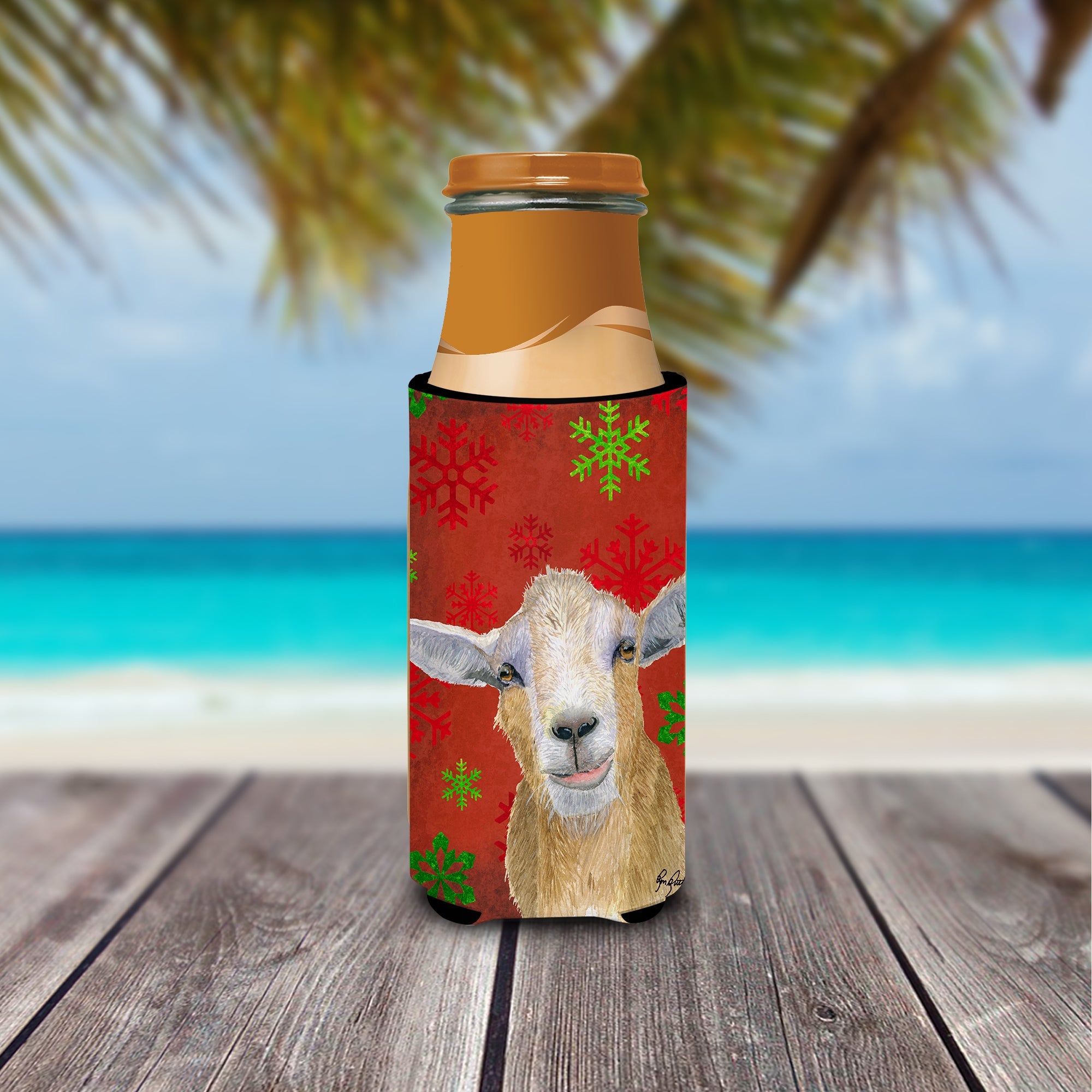 Goat Candy Cane Holiday Christmas Slim Can Hugger , Insulated Foam Hugger for 12 oz Slim Cans, Beer Bottles & Water Bottles, Printed in USA