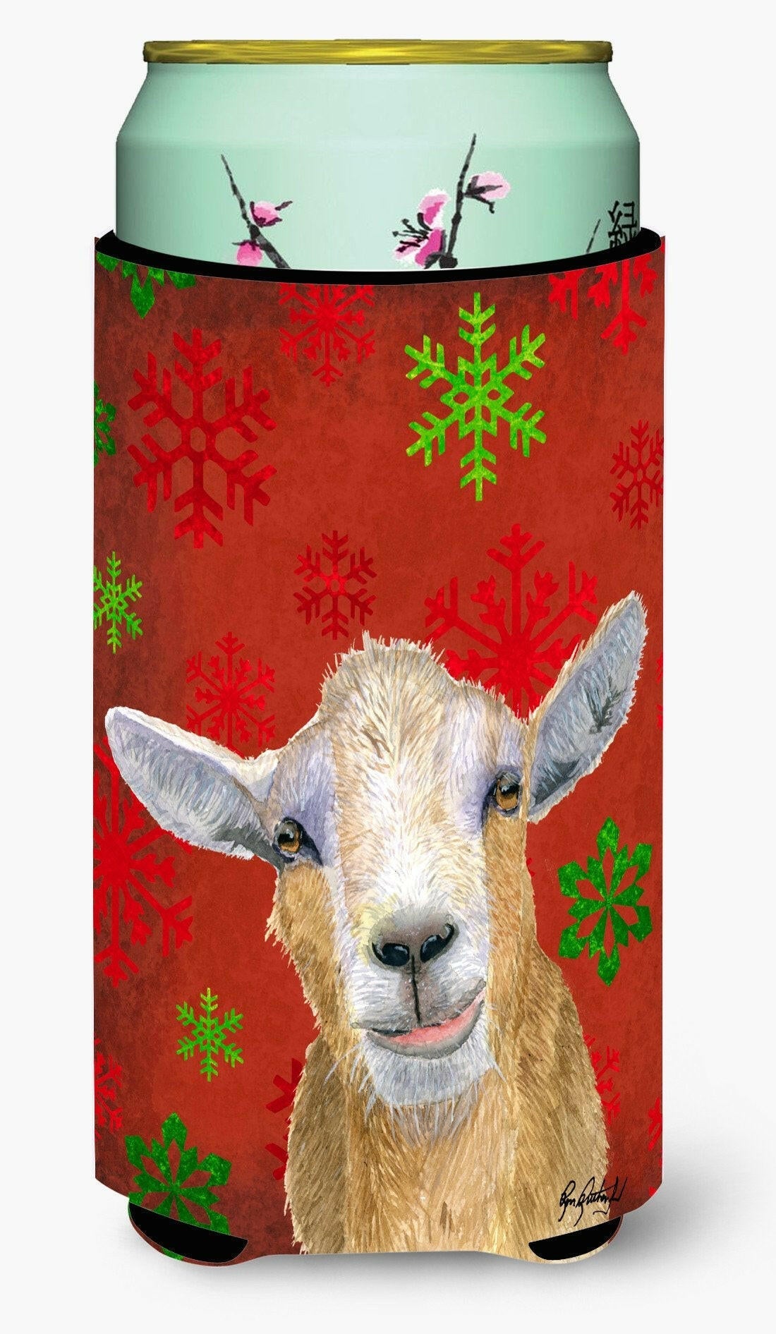 Goat Candy Cane Holiday Christmas Tall Boy Hugger Can Cooler Sleeve Machine Washable Drink Collapsible Insulator Beverage Insulated Holder