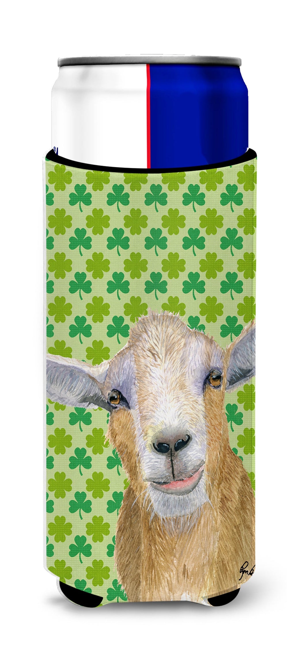 Goat St Patrick's Day Slim Can Hugger , Insulated Foam Hugger for 12 oz Slim Cans, Beer Bottles & Water Bottles, Printed in USA