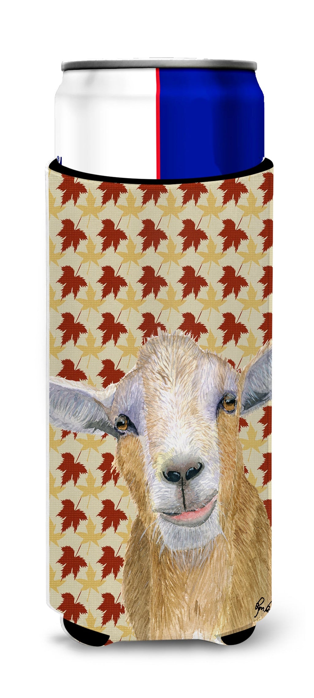 Goat Fall Leaves Slim Can Hugger , Insulated Foam Hugger for 12 oz Slim Cans, Beer Bottles & Water Bottles, Printed in USA