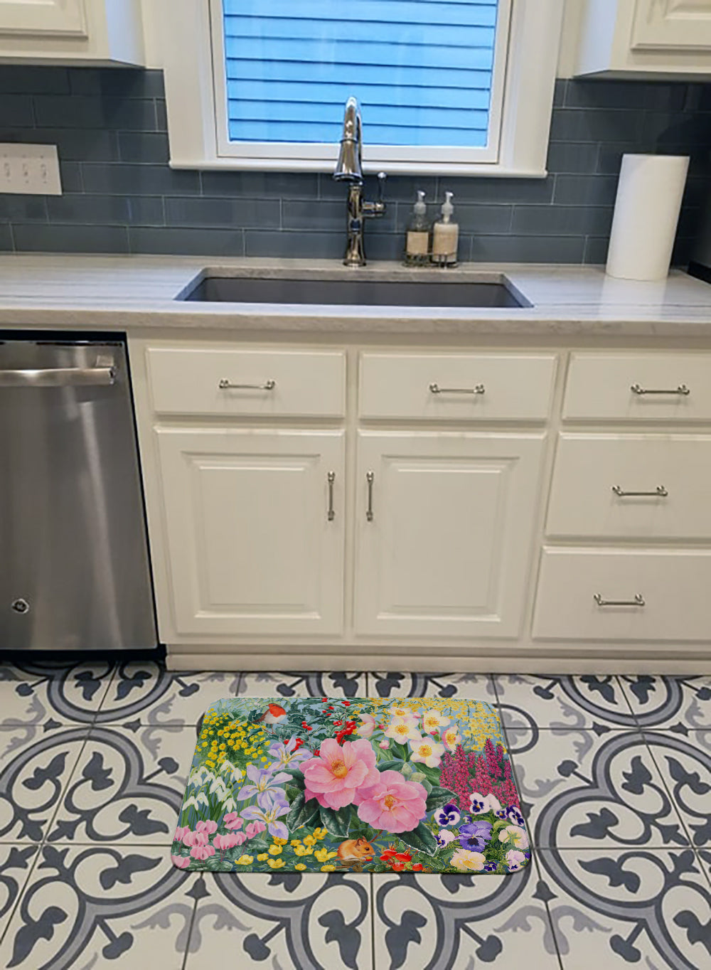 Winter Floral by Anne Searle Memory Foam Kitchen Mat Machine Washable Anti-Fatigue Cushion Comfort Bath or Kitchen Rug