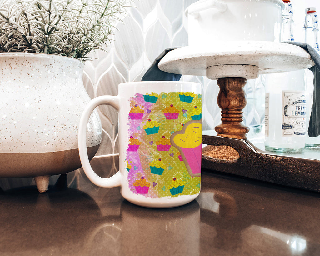 Cupcake Ceramic Coffee Mug 15 oz Decorative Large C Handle Mug Cup for Tea, Cocoa Hot Chocolate
