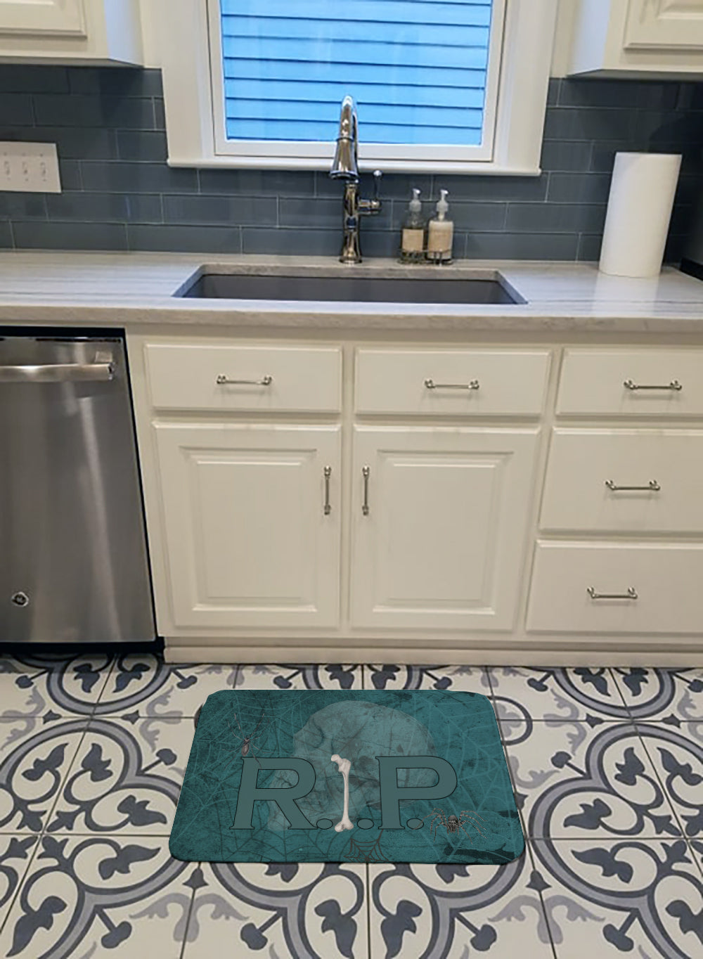 RIP Rest in Peace with spider web Halloween Memory Foam Kitchen Mat Machine Washable Anti-Fatigue Cushion Comfort Bath or Kitchen Rug