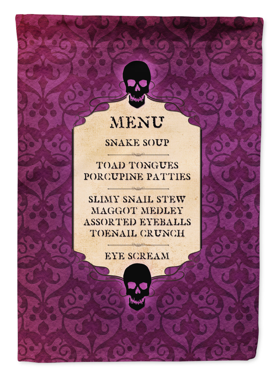 Goulish Menu including Eye Screen Snake soup Halloween House Flag 28x40 Porch Sleeve Pole Decorative Outside Yard Banner Artwork Wall Hanging, Polyester
