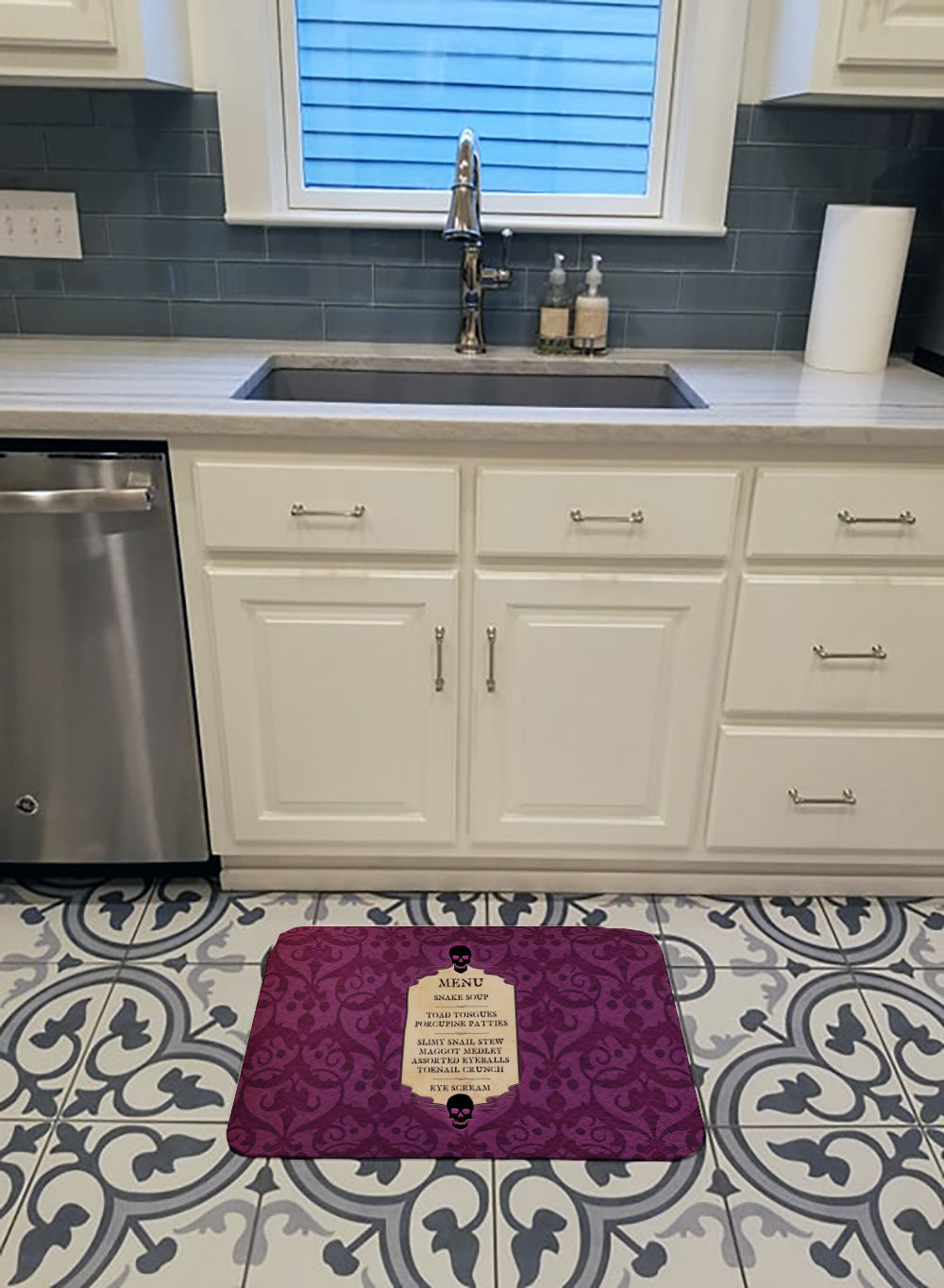 Goulish Menu including Eye Screen Snake soup Halloween Memory Foam Kitchen Mat Machine Washable Anti-Fatigue Cushion Comfort Bath or Kitchen Rug