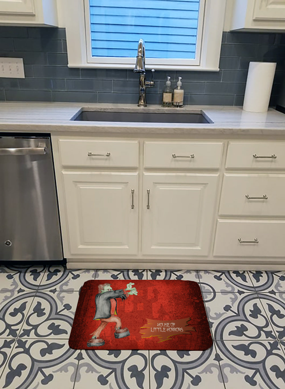 Little House of Horrors with Frankenstein Halloween Memory Foam Kitchen Mat Machine Washable Anti-Fatigue Cushion Comfort Bath or Kitchen Rug