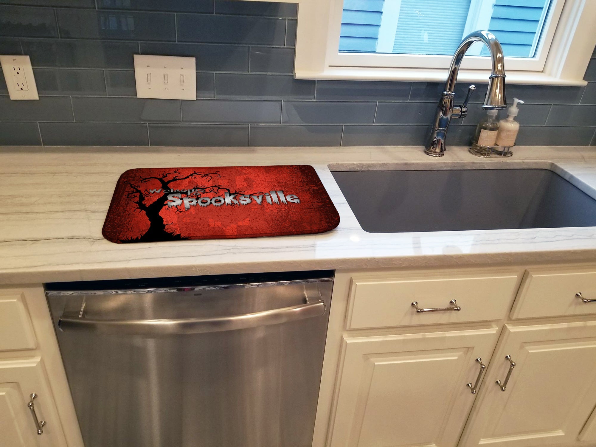 Welcome to Spooksville Halloween Dish Drying Mat Absorbent Dish Drying Mat Pad for Kitchen Counter Dish Drainer Mat for Countertop, 14 x 21", Multicolor