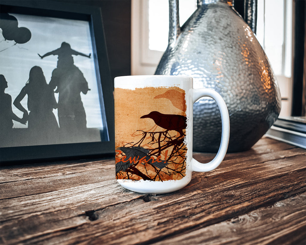 Beware of the Black Crows Halloween Ceramic Coffee Mug 15 oz Decorative Large C Handle Mug Cup for Tea, Cocoa Hot Chocolate