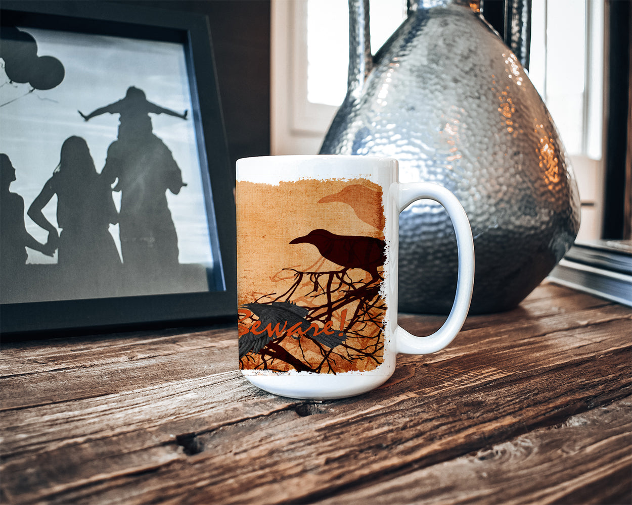 Beware of the Black Crows Halloween Ceramic Coffee Mug 15 oz Decorative Large C Handle Mug Cup for Tea, Cocoa Hot Chocolate