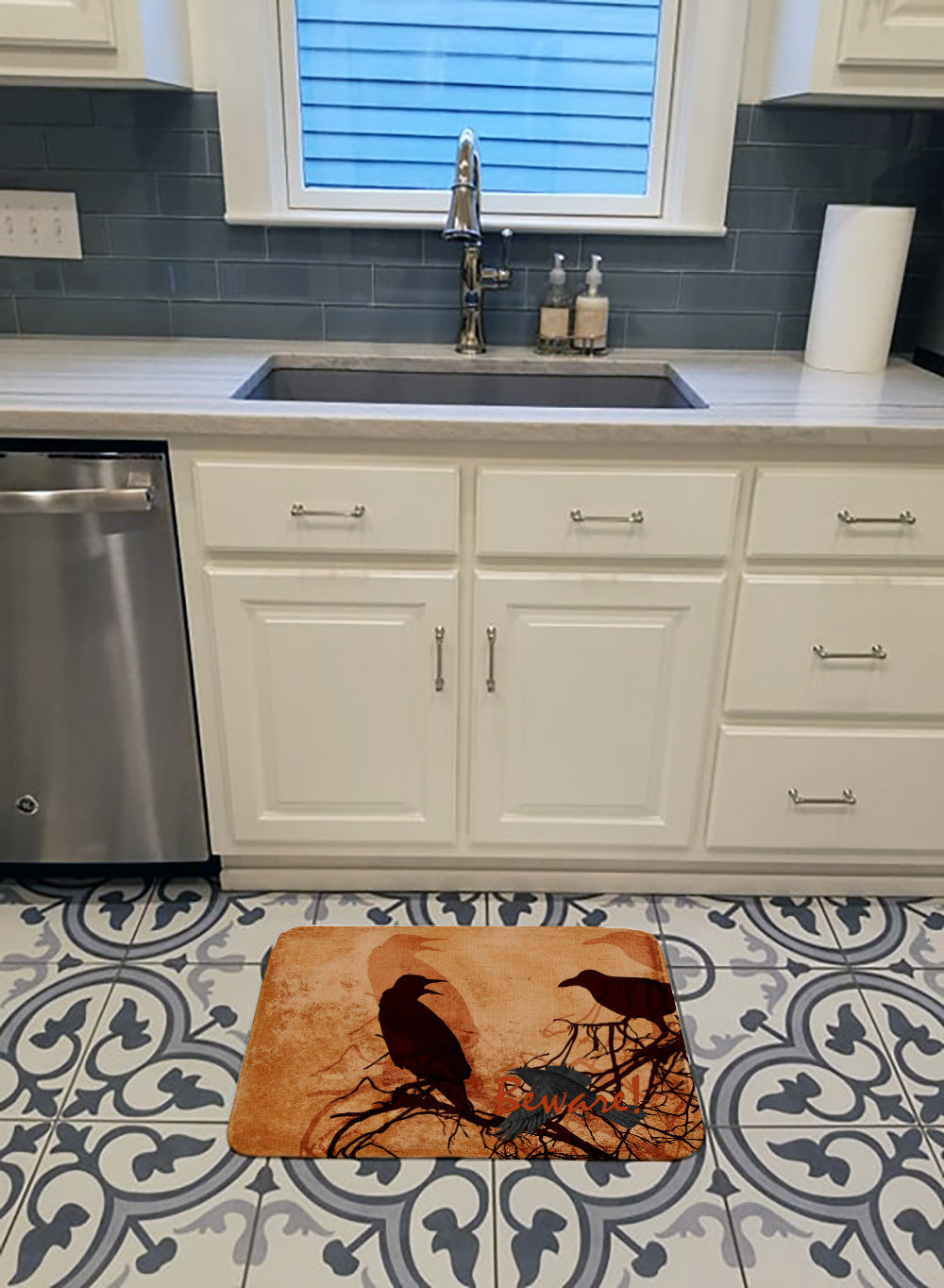 Beware of the Black Crows Halloween Memory Foam Kitchen Mat Machine Washable Anti-Fatigue Cushion Comfort Bath or Kitchen Rug