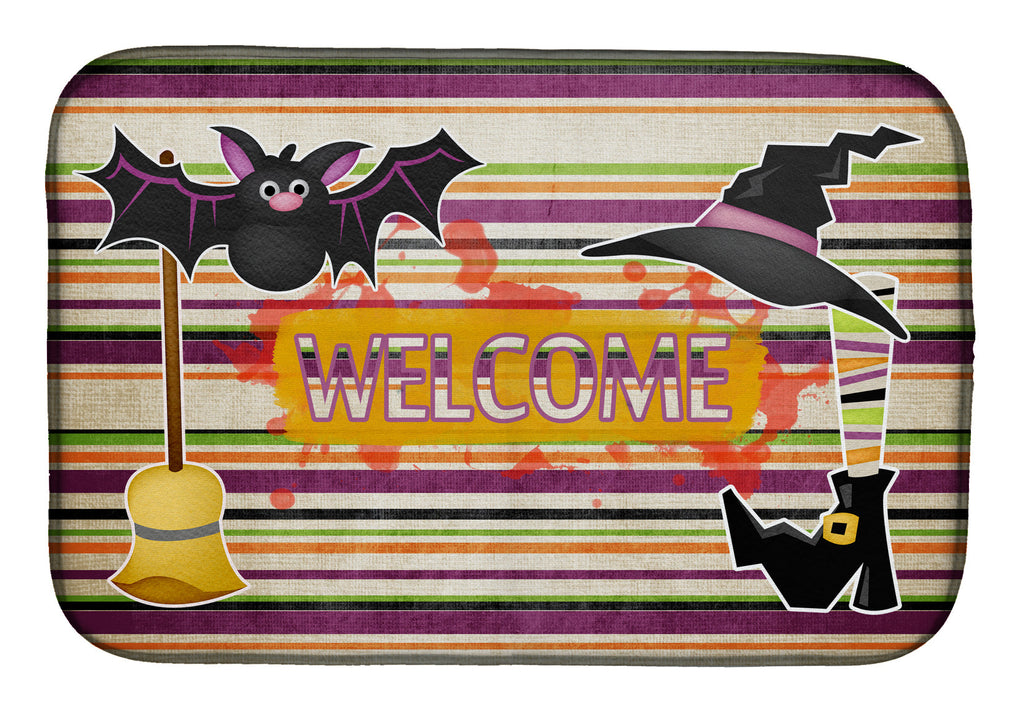 Witch Costume and Broom on Stripes Halloween Dish Drying Mat Absorbent Dish Drying Mat Pad for Kitchen Counter Dish Drainer Mat for Countertop, 14 x 21", Multicolor