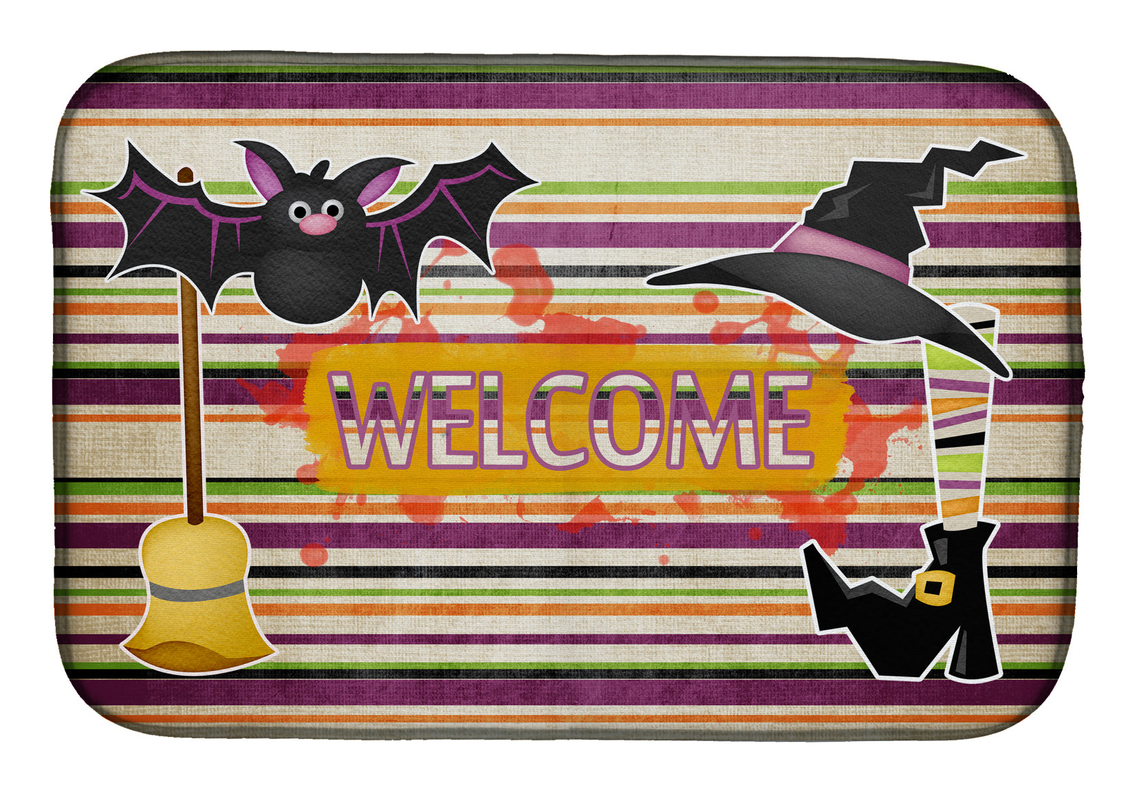 Witch Costume and Broom on Stripes Halloween Dish Drying Mat Absorbent Dish Drying Mat Pad for Kitchen Counter Dish Drainer Mat for Countertop, 14 x 21", Multicolor