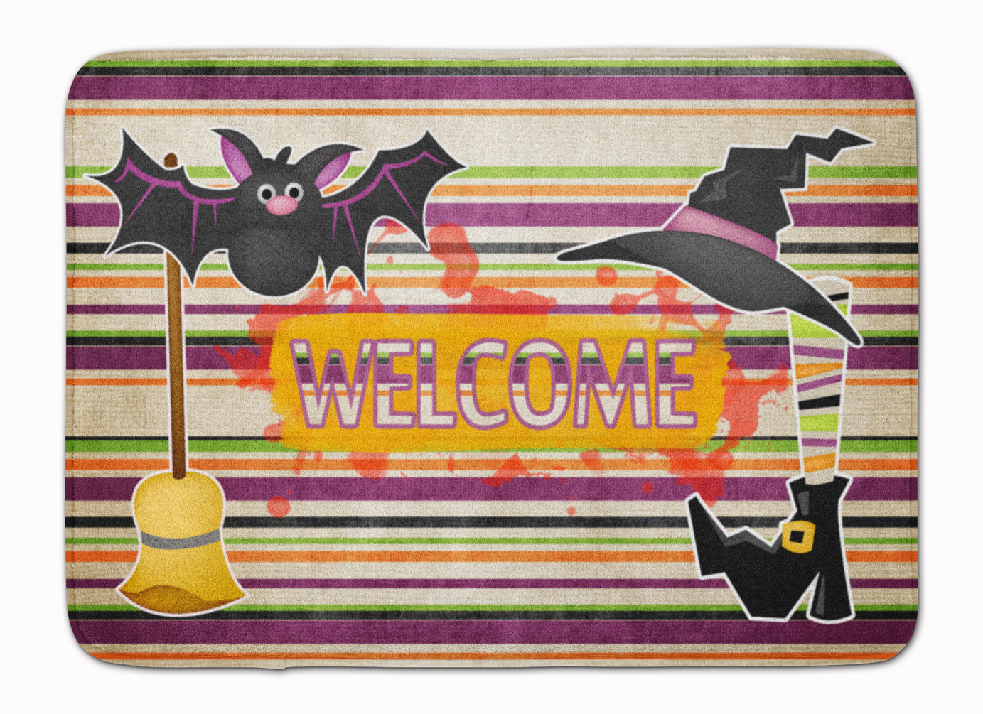 Witch Costume and Broom on Stripes Halloween Memory Foam Kitchen Mat Machine Washable Anti-Fatigue Cushion Comfort Bath or Kitchen Rug