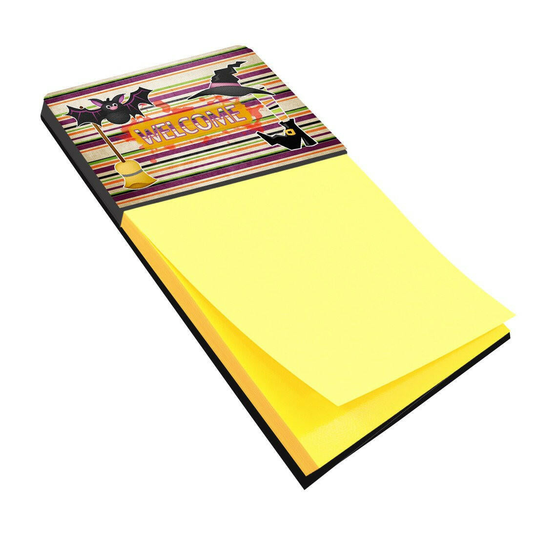 Witch Costume and Broom on Stripes Halloween Watercolor Sticky Note Holder Refillable Dispenser Desk Accessory 3x3 Pad Gift