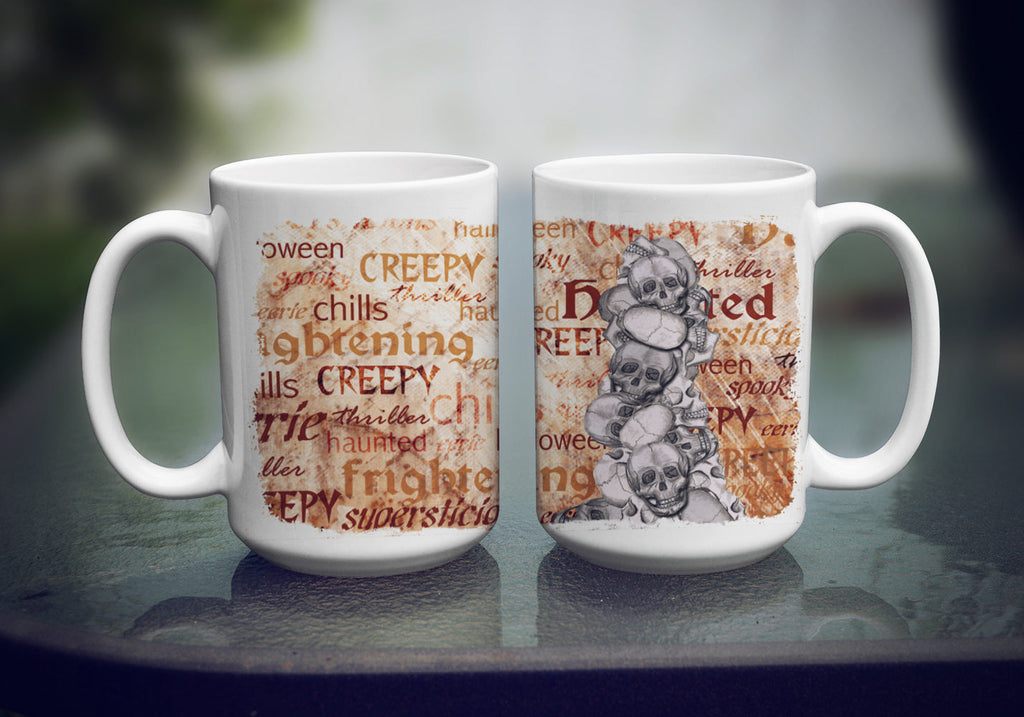 Creepy, Haunted and Frightful with skulls Halloween Ceramic Coffee Mug 15 oz Decorative Large C Handle Mug Cup for Tea, Cocoa Hot Chocolate