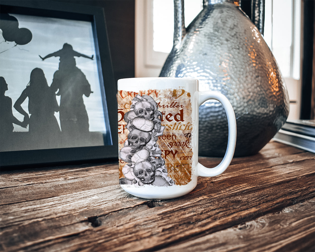 Creepy, Haunted and Frightful with skulls Halloween Ceramic Coffee Mug 15 oz Decorative Large C Handle Mug Cup for Tea, Cocoa Hot Chocolate