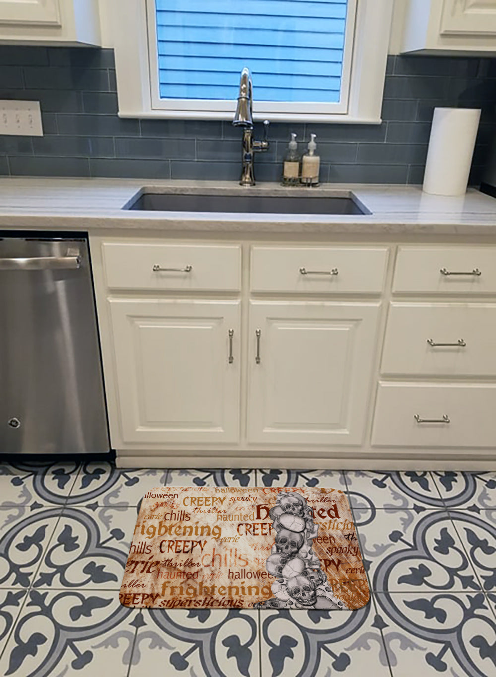 Creepy, Haunted and Frightful with skulls Halloween Memory Foam Kitchen Mat Machine Washable Anti-Fatigue Cushion Comfort Bath or Kitchen Rug