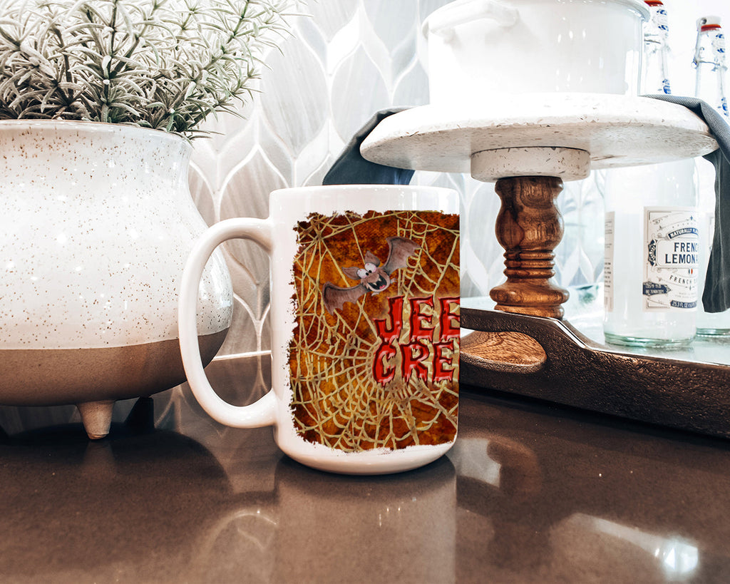 Jeepers Creepers with Bat and Spider web Halloween Ceramic Coffee Mug 15 oz Decorative Large C Handle Mug Cup for Tea, Cocoa Hot Chocolate
