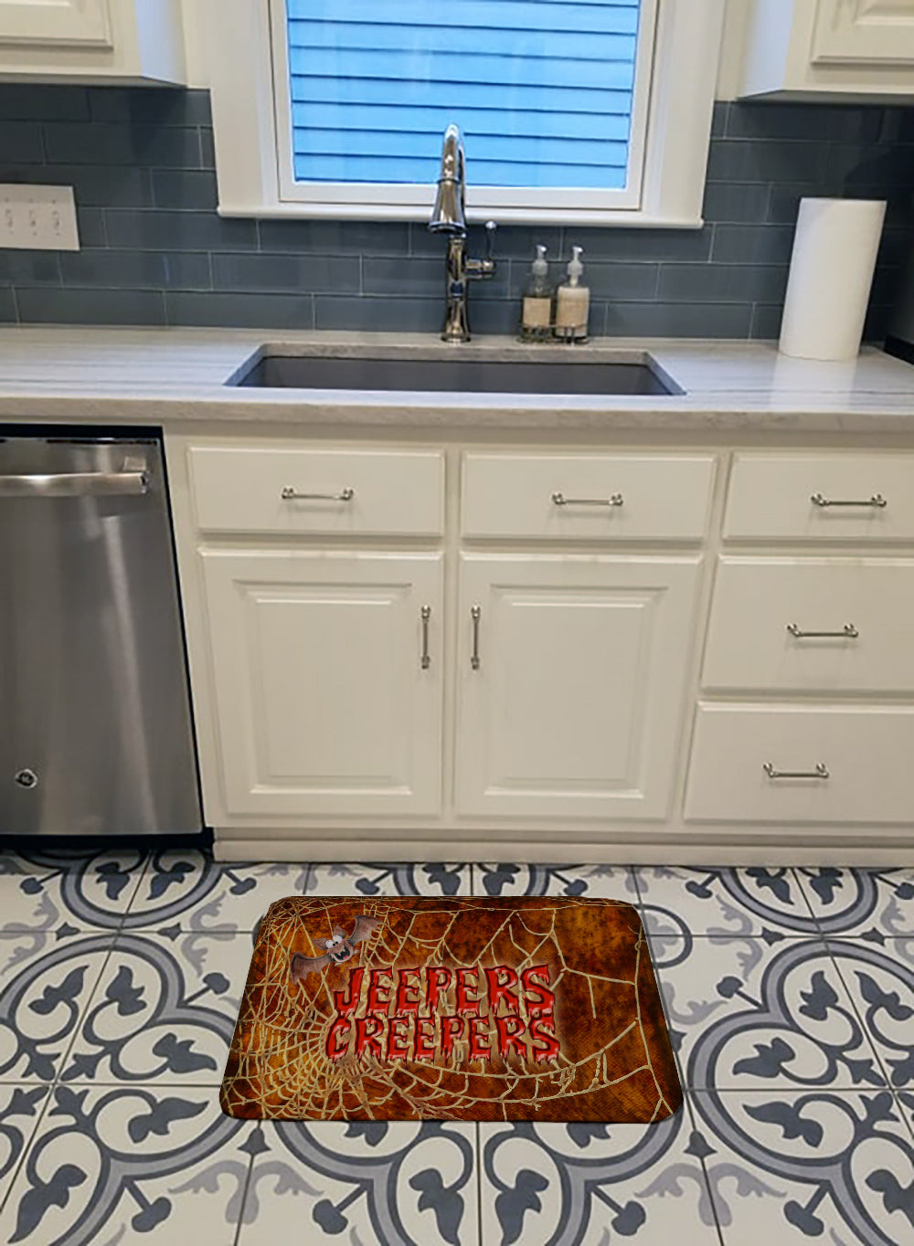 Jeepers Creepers with Bat and Spider web Halloween Memory Foam Kitchen Mat Machine Washable Anti-Fatigue Cushion Comfort Bath or Kitchen Rug