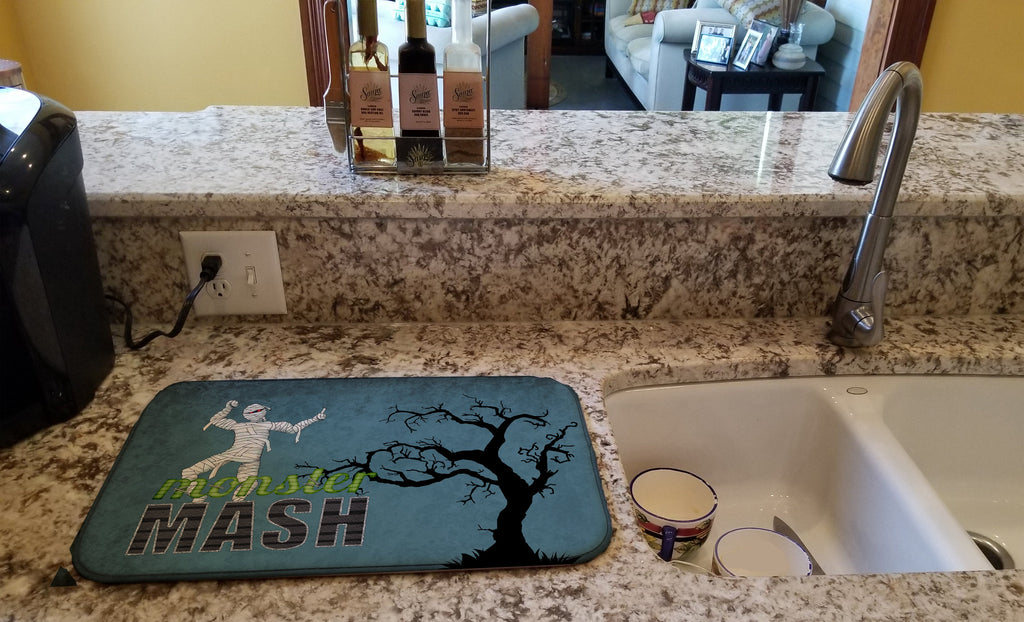 Monster Mash with Mummy Halloween Dish Drying Mat Absorbent Dish Drying Mat Pad for Kitchen Counter Dish Drainer Mat for Countertop, 14 x 21", Multicolor