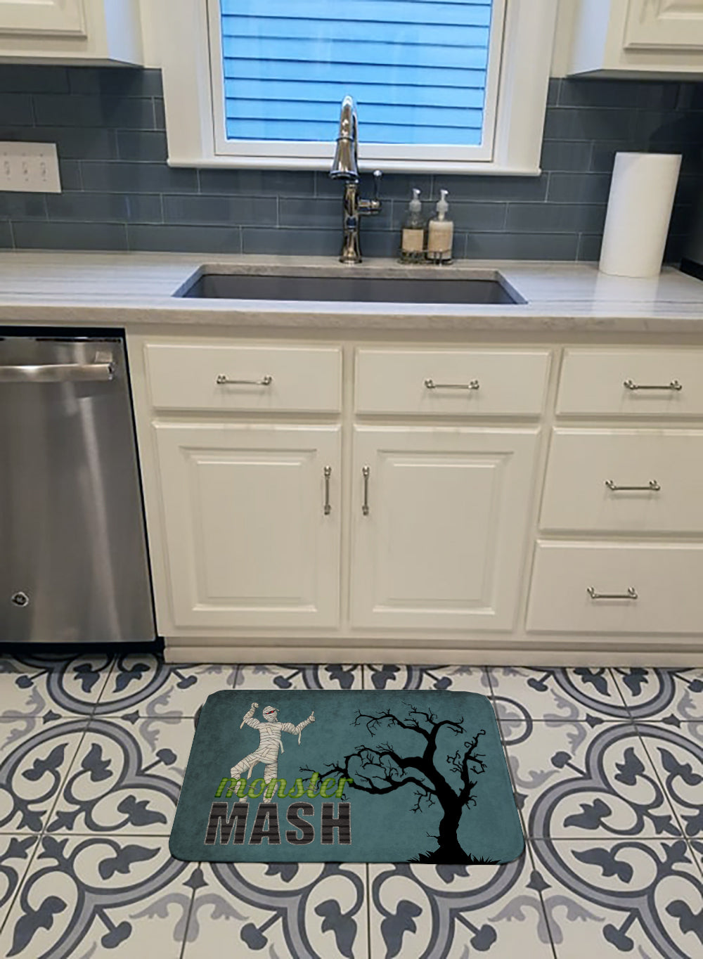 Monster Mash with Mummy Halloween Memory Foam Kitchen Mat Machine Washable Anti-Fatigue Cushion Comfort Bath or Kitchen Rug