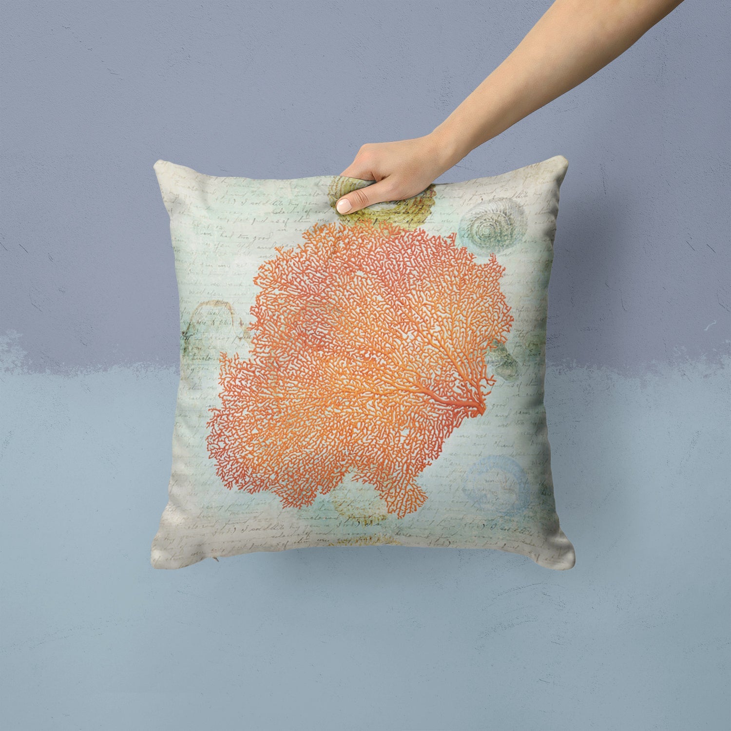 Beach Sea Fan Coral Decorative Throw Pillow 14x14 Indoor Outdoor Accent Cushion, Fabric Cover with Insert for Sofa, Bed, Porch & Living Room