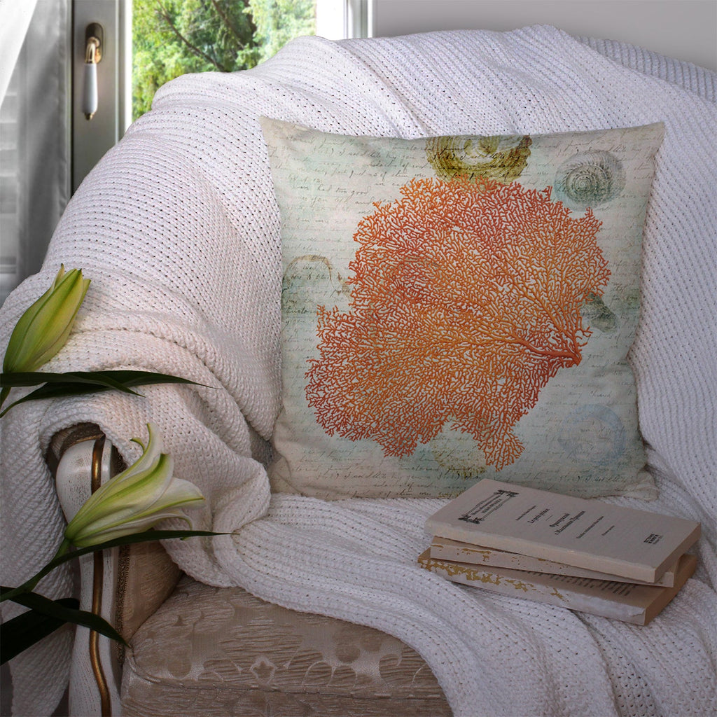 Beach Sea Fan Coral Decorative Throw Pillow 14x14 Indoor Outdoor Accent Cushion, Fabric Cover with Insert for Sofa, Bed, Porch & Living Room