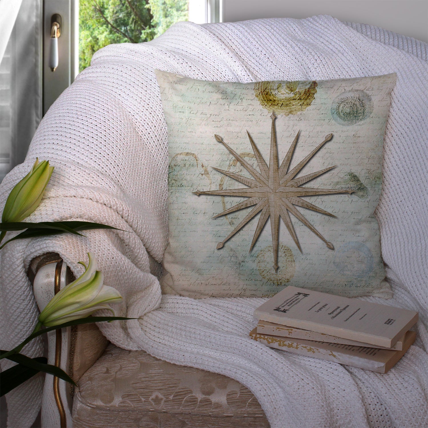 Beach Nautical Star Decorative Throw Pillow 14x14 Indoor Outdoor Accent Cushion, Fabric Cover with Insert for Sofa, Bed, Porch & Living Room