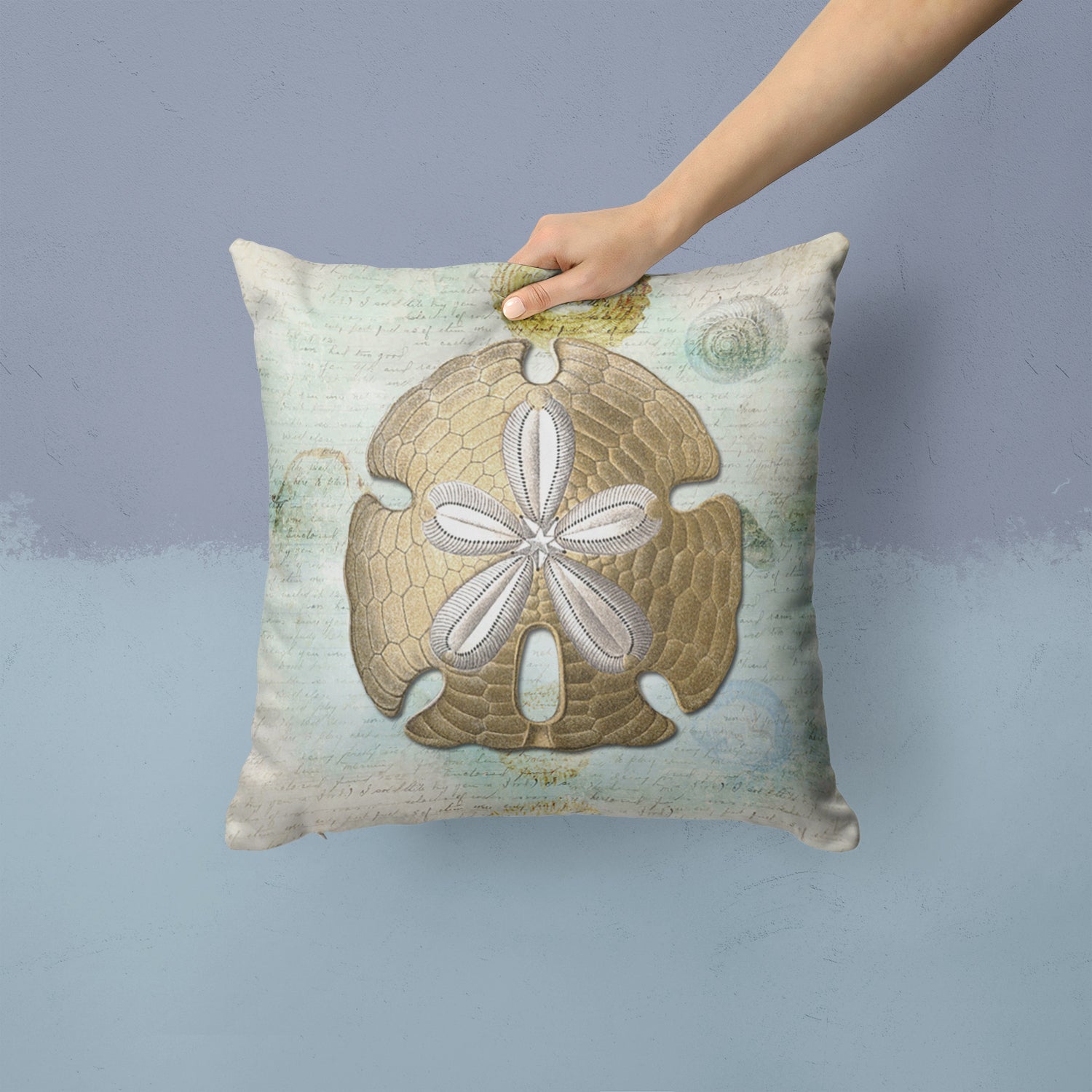 Beach Gold Sand Dollar Decorative Throw Pillow 14x14 Indoor Outdoor Accent Cushion, Fabric Cover with Insert for Sofa, Bed, Porch & Living Room
