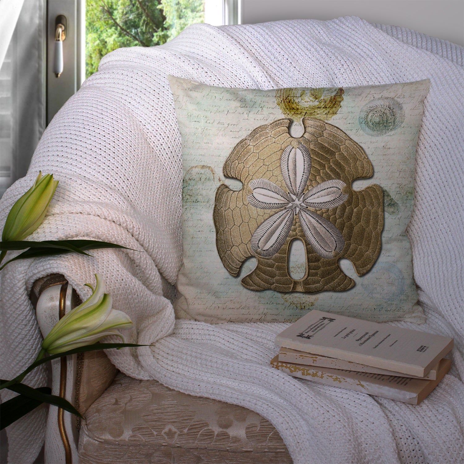 Beach Gold Sand Dollar Decorative Throw Pillow 14x14 Indoor Outdoor Accent Cushion, Fabric Cover with Insert for Sofa, Bed, Porch & Living Room