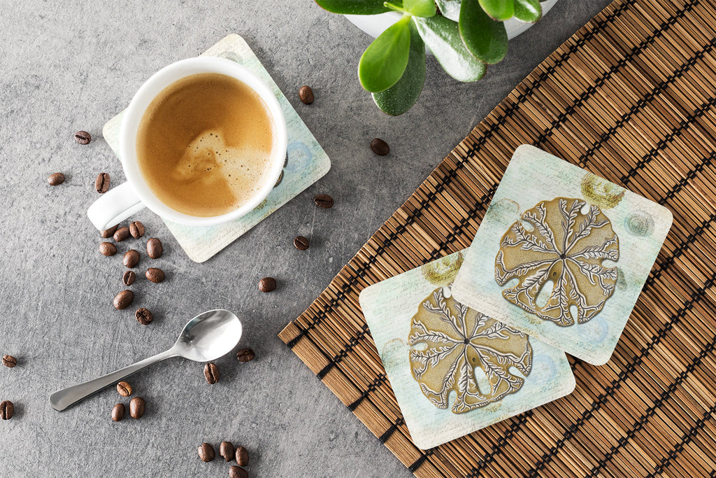 Beach Gold Sand Dollar #2 Foam Coasters Set of 4 Cup Coasters for Indoor Outdoor, Tabletop Protection, Anti Slip, Mouse pad Material