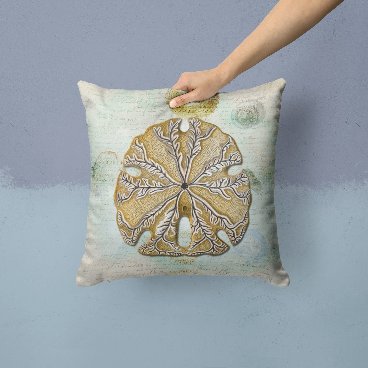 Beach Gold Sand Dollar #2 Decorative Throw Pillow 14x14 Indoor Outdoor Accent Cushion, Fabric Cover with Insert for Sofa, Bed, Porch & Living Room