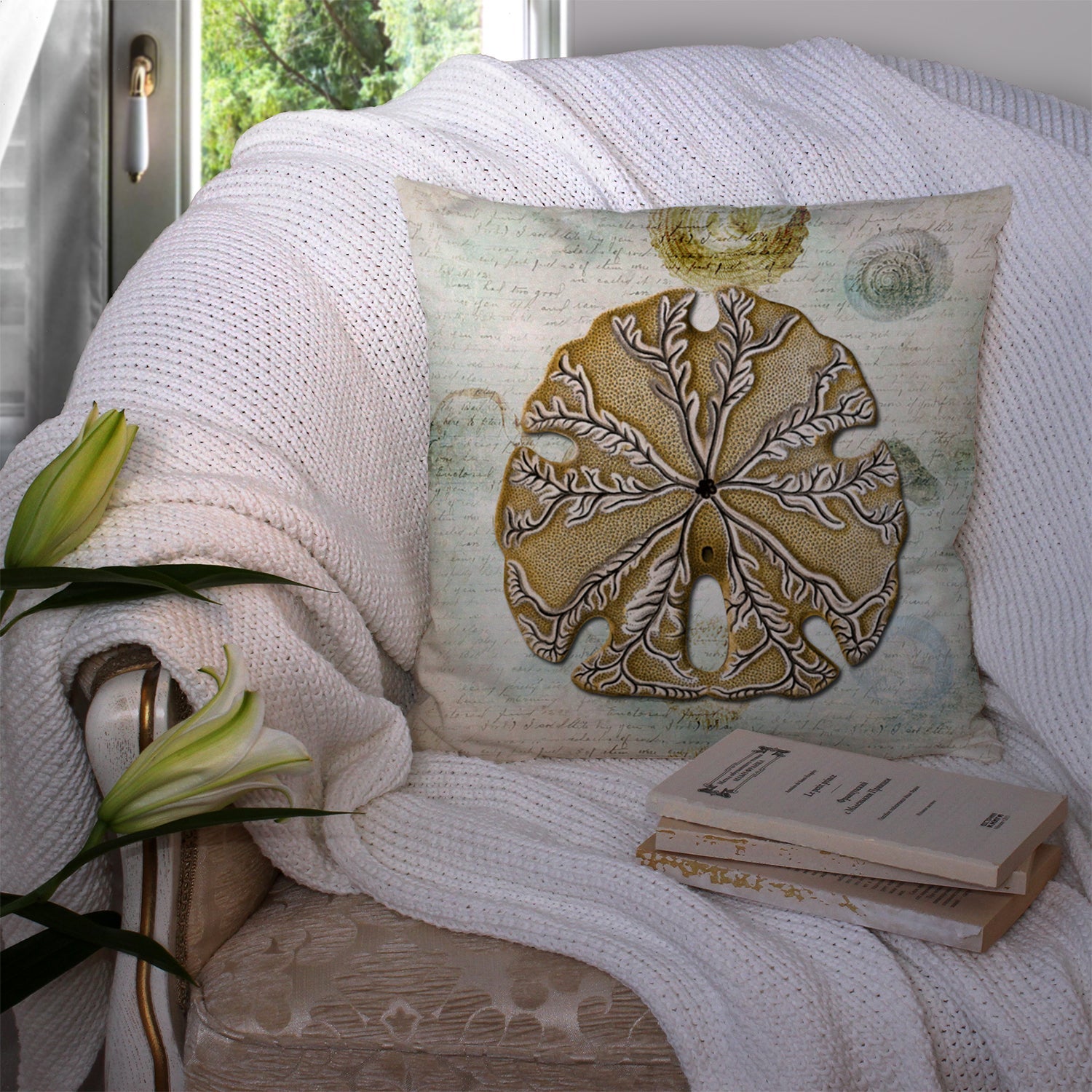 Beach Gold Sand Dollar #2 Decorative Throw Pillow 14x14 Indoor Outdoor Accent Cushion, Fabric Cover with Insert for Sofa, Bed, Porch & Living Room