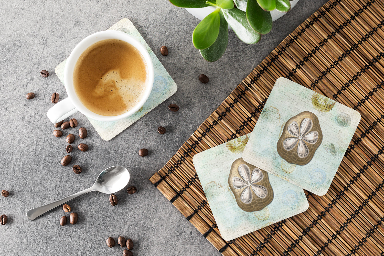 Beach Gold Sand Dollar #3 Foam Coasters Set of 4 Cup Coasters for Indoor Outdoor, Tabletop Protection, Anti Slip, Mouse pad Material