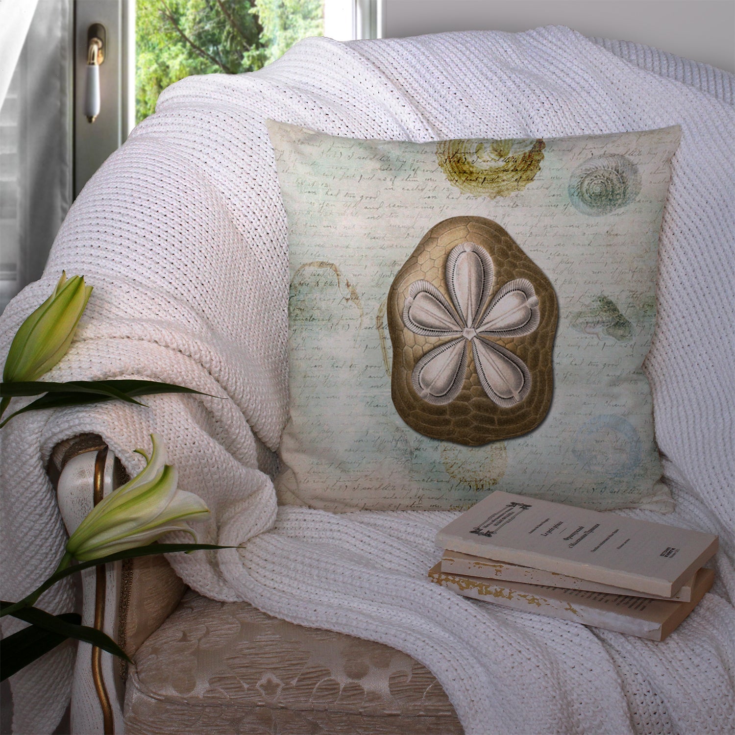 Beach Gold Sand Dollar #3 Decorative Throw Pillow 14x14 Indoor Outdoor Accent Cushion, Fabric Cover with Insert for Sofa, Bed, Porch & Living Room
