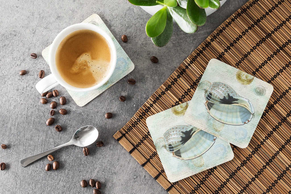 Beach Conch Shell in Blues Foam Coasters Set of 4 Cup Coasters for Indoor Outdoor, Tabletop Protection, Anti Slip, Mouse pad Material