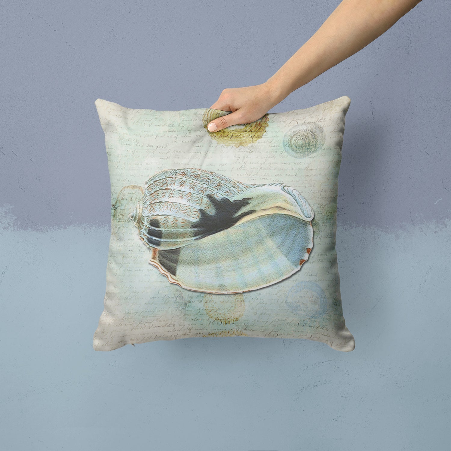 Beach Conch Shell in Blues Decorative Throw Pillow 14x14 Indoor Outdoor Accent Cushion, Fabric Cover with Insert for Sofa, Bed, Porch & Living Room