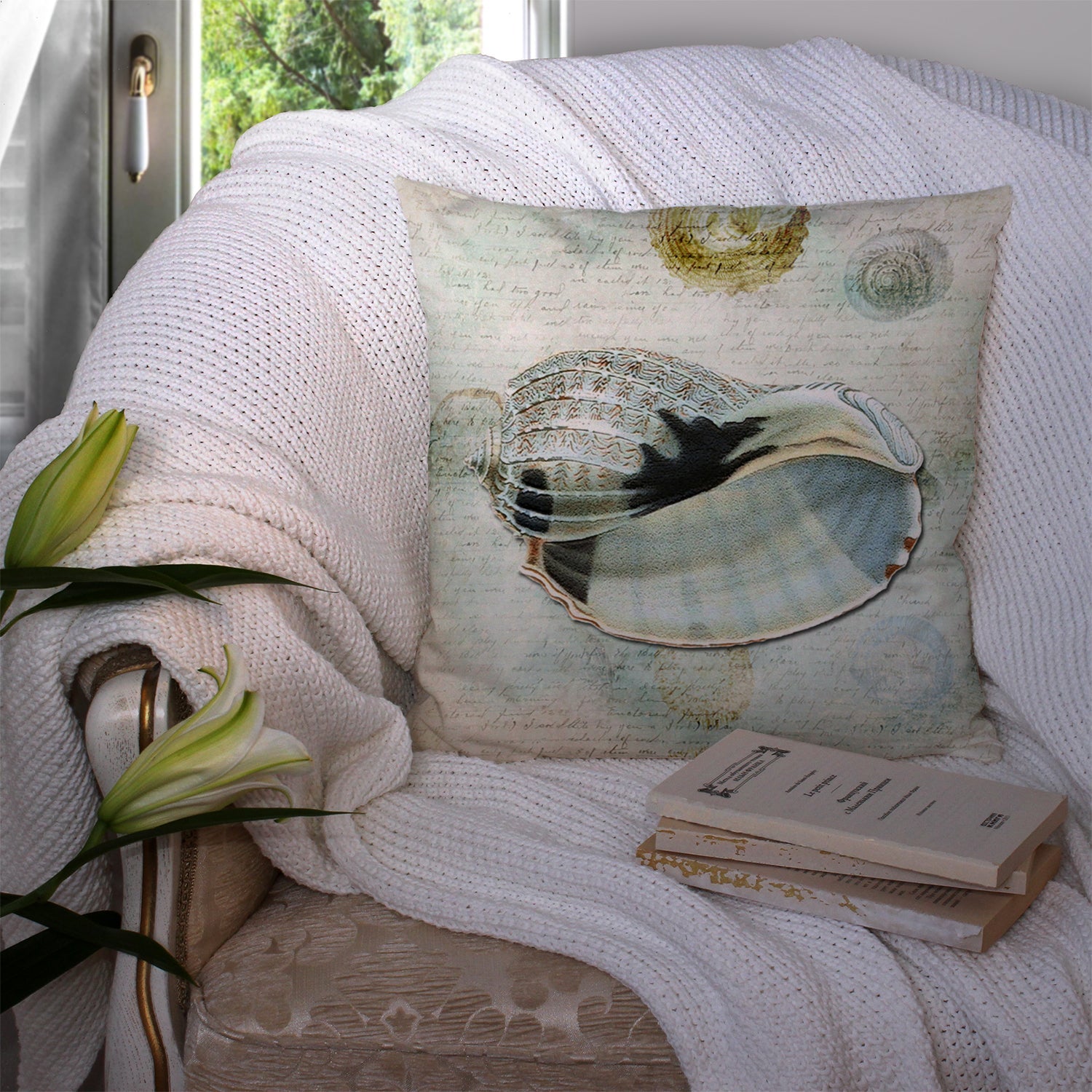Beach Conch Shell in Blues Decorative Throw Pillow 14x14 Indoor Outdoor Accent Cushion, Fabric Cover with Insert for Sofa, Bed, Porch & Living Room