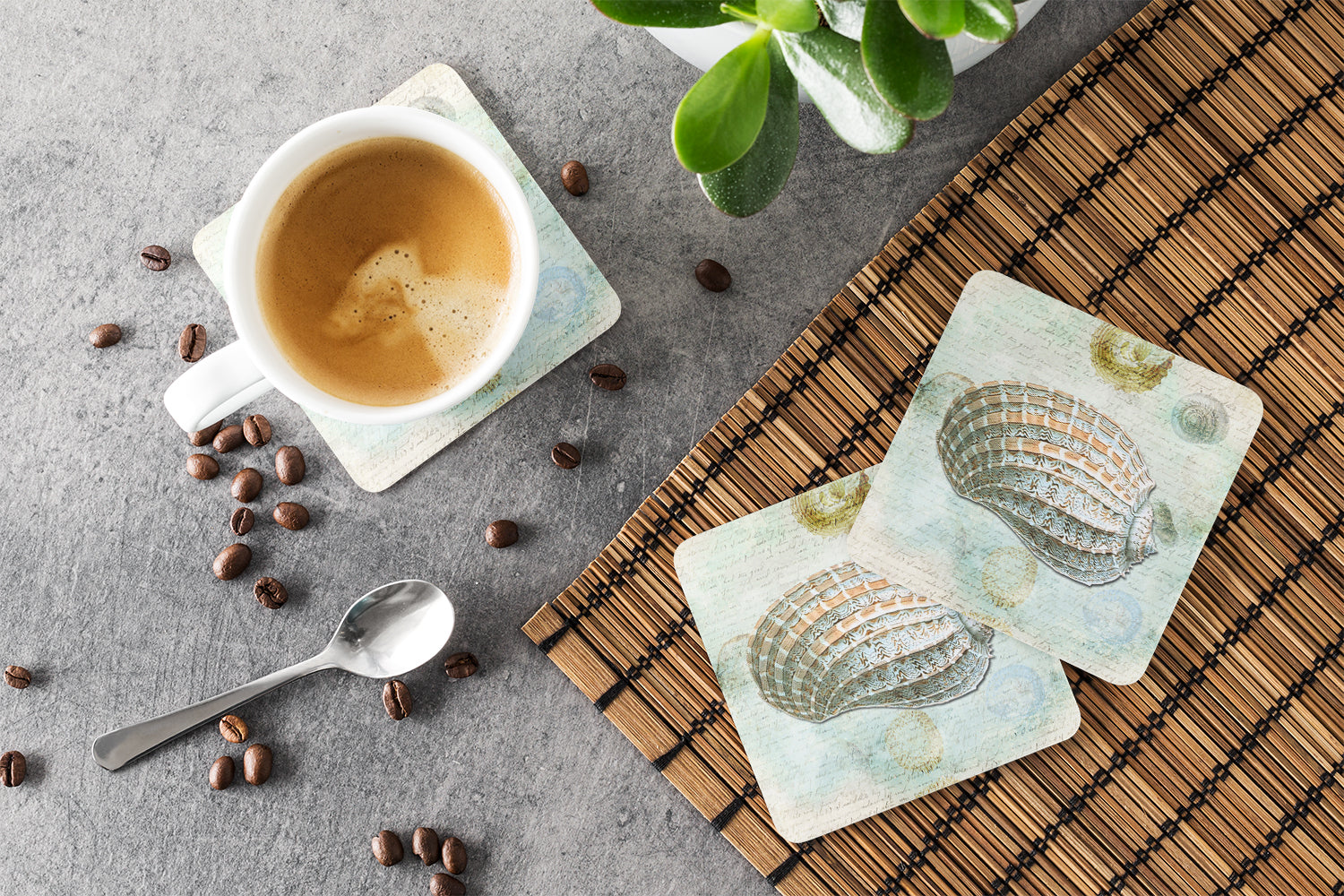 Beach Conch Shell Top Foam Coasters Set of 4 Cup Coasters for Indoor Outdoor, Tabletop Protection, Anti Slip, Mouse pad Material