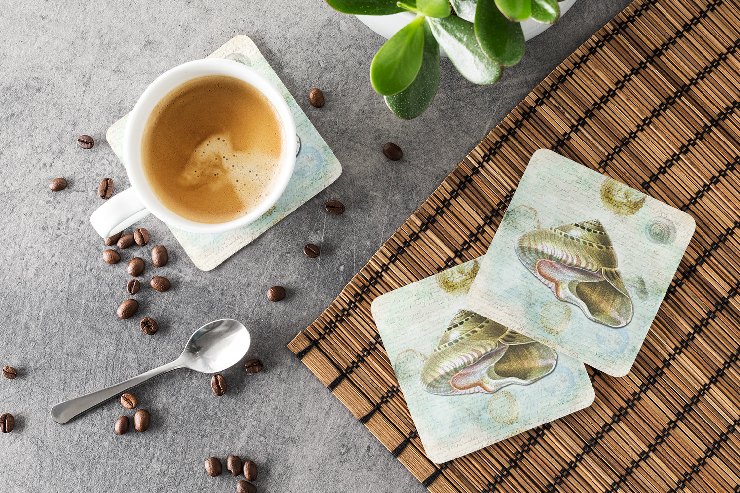 Beach Carrier Shell Foam Coasters Set of 4 Cup Coasters for Indoor Outdoor, Tabletop Protection, Anti Slip, Mouse pad Material