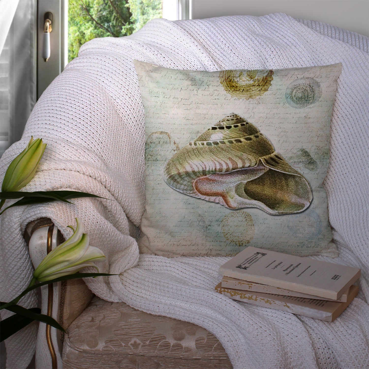 Beach Carrier Shell Decorative Throw Pillow 14x14 Indoor Outdoor Accent Cushion, Fabric Cover with Insert for Sofa, Bed, Porch & Living Room