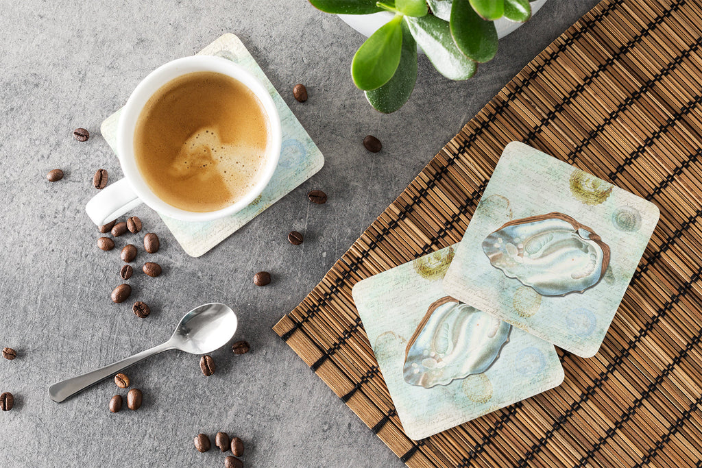 Beach Oyster Foam Coasters Set of 4 Cup Coasters for Indoor Outdoor, Tabletop Protection, Anti Slip, Mouse pad Material