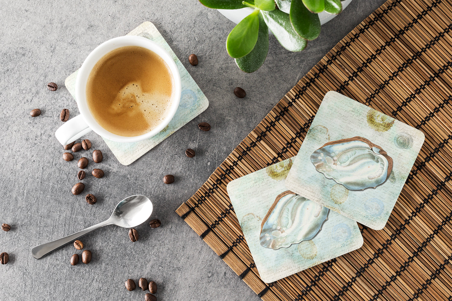 Beach Oyster Foam Coasters Set of 4 Cup Coasters for Indoor Outdoor, Tabletop Protection, Anti Slip, Mouse pad Material