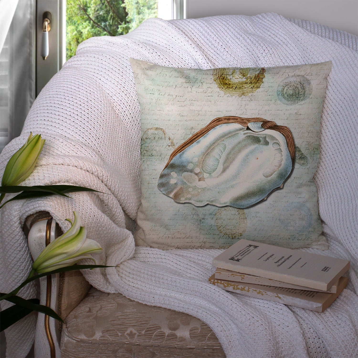 Beach Oyster Decorative Throw Pillow 14x14 Indoor Outdoor Accent Cushion, Fabric Cover with Insert for Sofa, Bed, Porch & Living Room