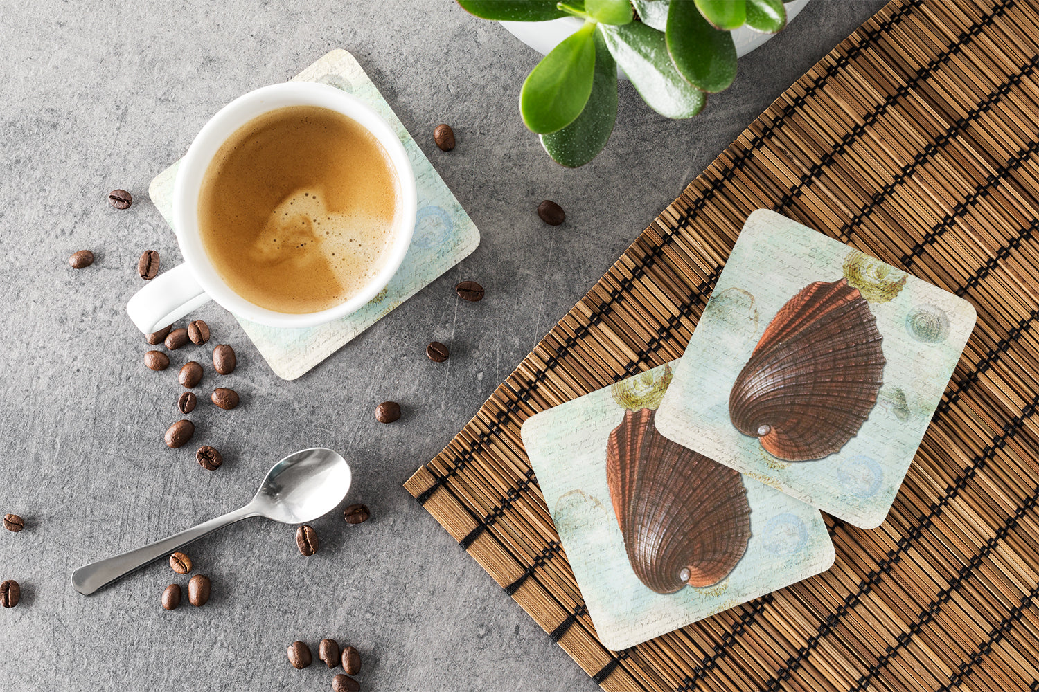 Beach Prickly Cockle Shell Foam Coasters Set of 4 Cup Coasters for Indoor Outdoor, Tabletop Protection, Anti Slip, Mouse pad Material