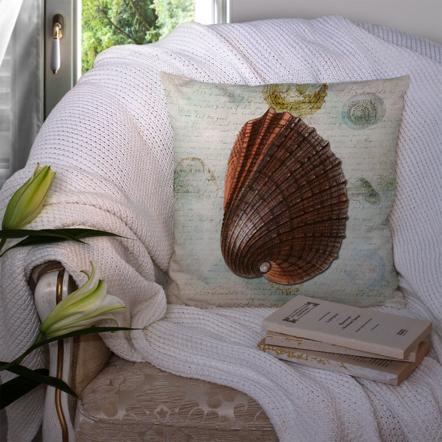 Beach Prickly Cockle Shell Decorative Throw Pillow 14x14 Indoor Outdoor Accent Cushion, Fabric Cover with Insert for Sofa, Bed, Porch & Living Room
